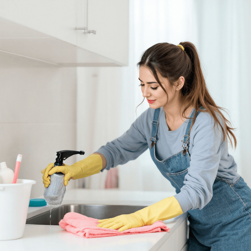 Housekeeper cleaning kitchen counters