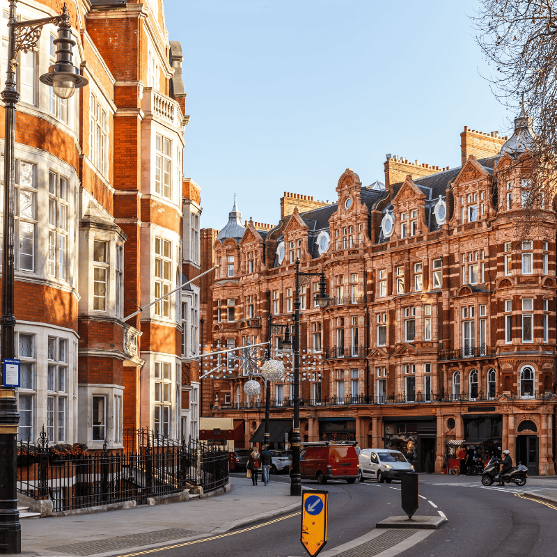 Classic red brick building in Mayfair, London