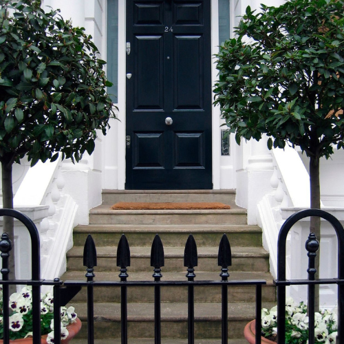 Home entrance with green front door and plants with a fence in front of the stairs